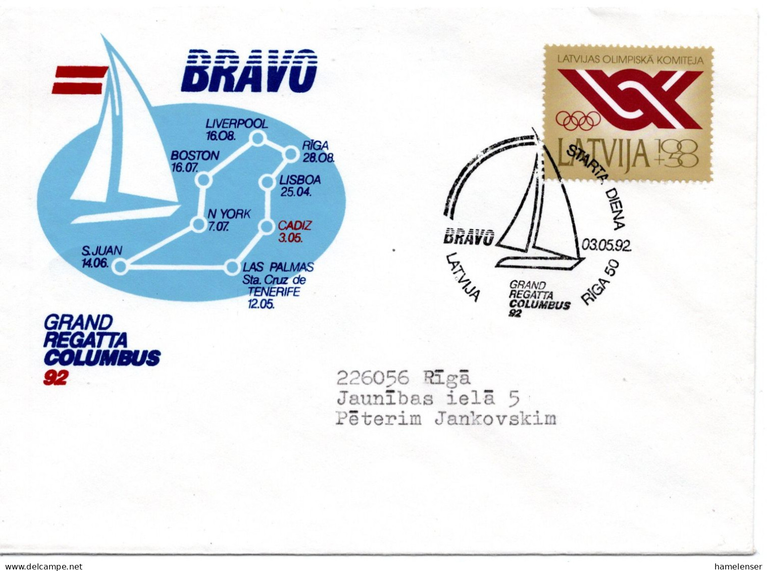 60513 - Lettland - 1992 - 100K Lettisches Olympisches Kommittee EF A OrtsBf SoStpl RIGA - COLUMBUS-REGATTA - Vela