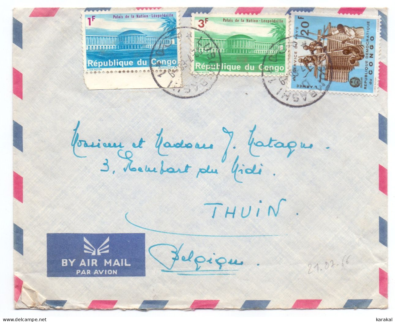 RDC 552 554 Palais De La Nation 509 Armée Sur Lettre De Lubumbashi Vers Thuin Belgique 1966 - Lettres & Documents