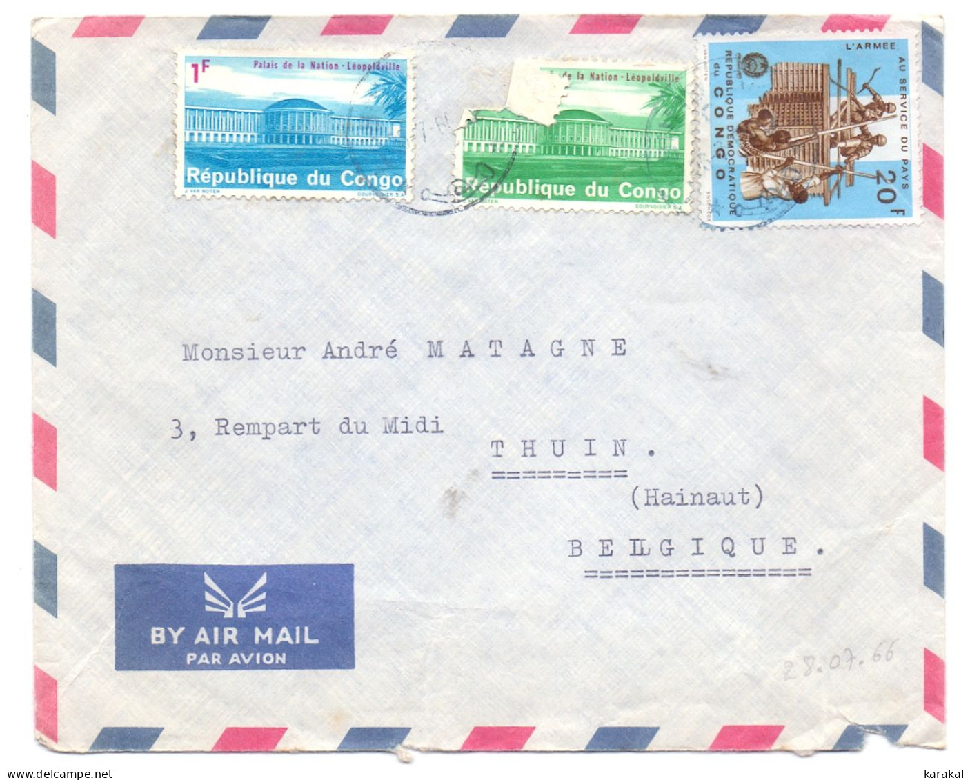 RDC 552 554 Palais De La Nation 509 Armée Sur Lettre De Lubumbashi Vers Thuin Belgique 1966 - Covers & Documents