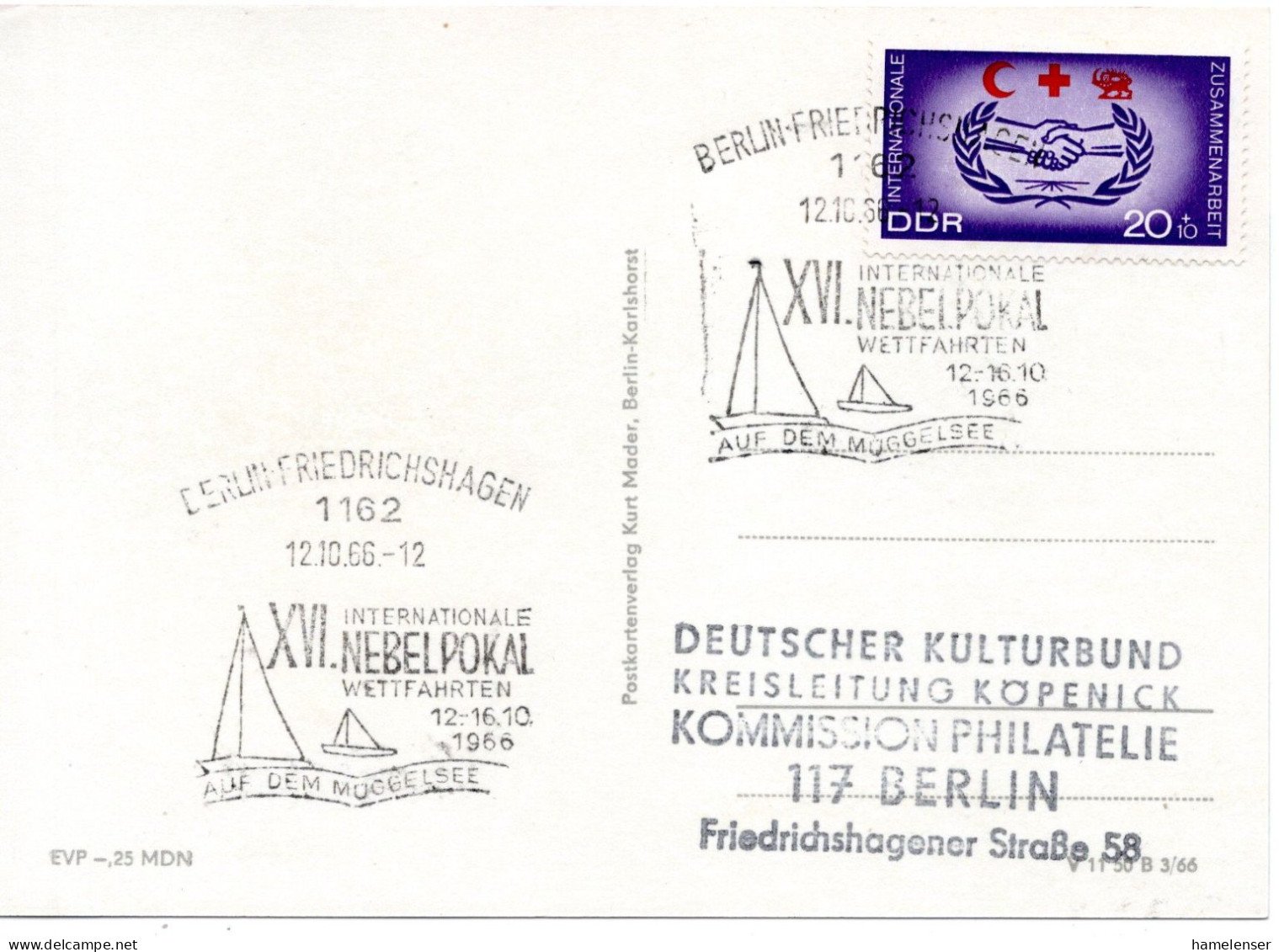 60516 - DDR - 1966 - 20Pfg Zusammenarbeit EF A OrtsAnsKte SoStpl BERLIN - ... NEBELPOKAL ... - Vela