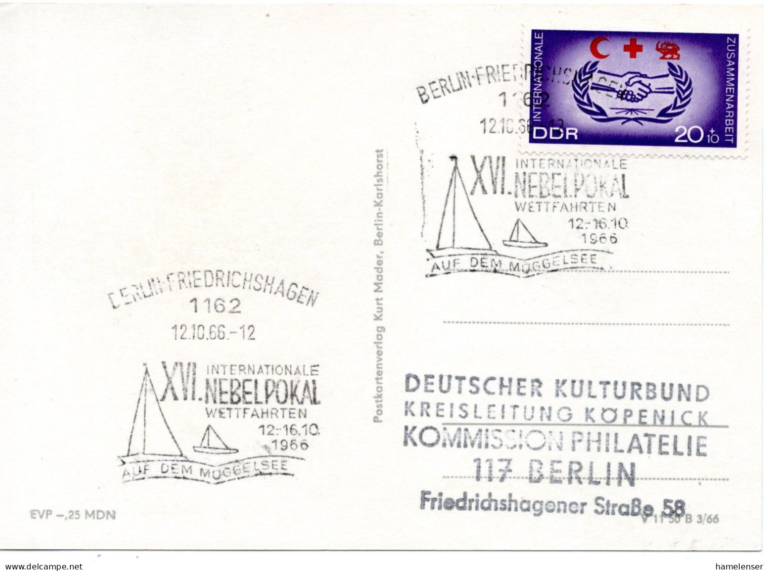 60516 - DDR - 1966 - 20Pfg Zusammenarbeit EF A OrtsAnsKte SoStpl BERLIN - ... NEBELPOKAL ... - Segeln