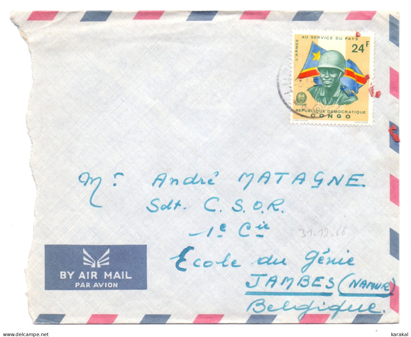 RDC 637 Armée Sur Lettre De Lubumbashi Vers Jambes Belgique 1966 - Cartas & Documentos