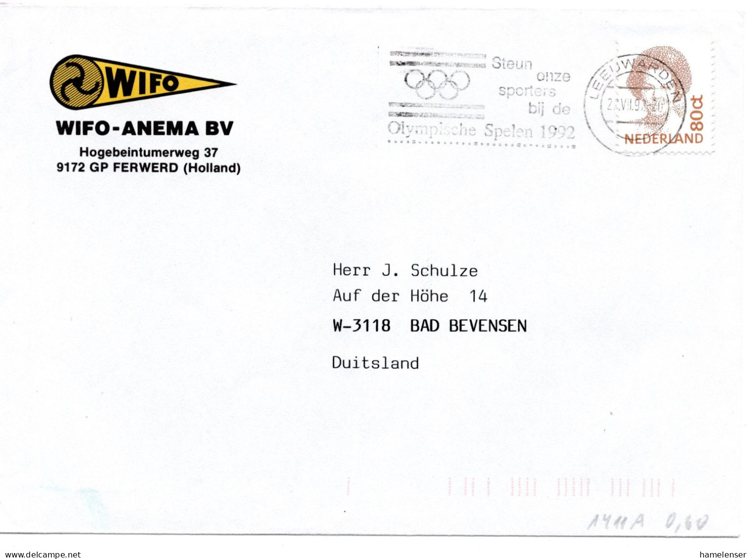 60526 - Niederlande - 1992 - 80c Beatrix EF A Bf LEEUWARDEN - STEUN ONZE SPORTERS ... -> Deutschland - Estate 1992: Barcellona