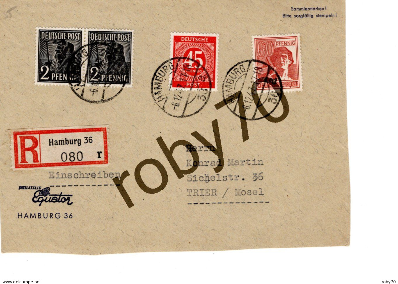 ALLEMAGNE - GERMANIA  DEUTSCHLAND -  BUSTA VIAGGIATA 1947 HAMBURG PER TRIER MOSEL - Cartas & Documentos