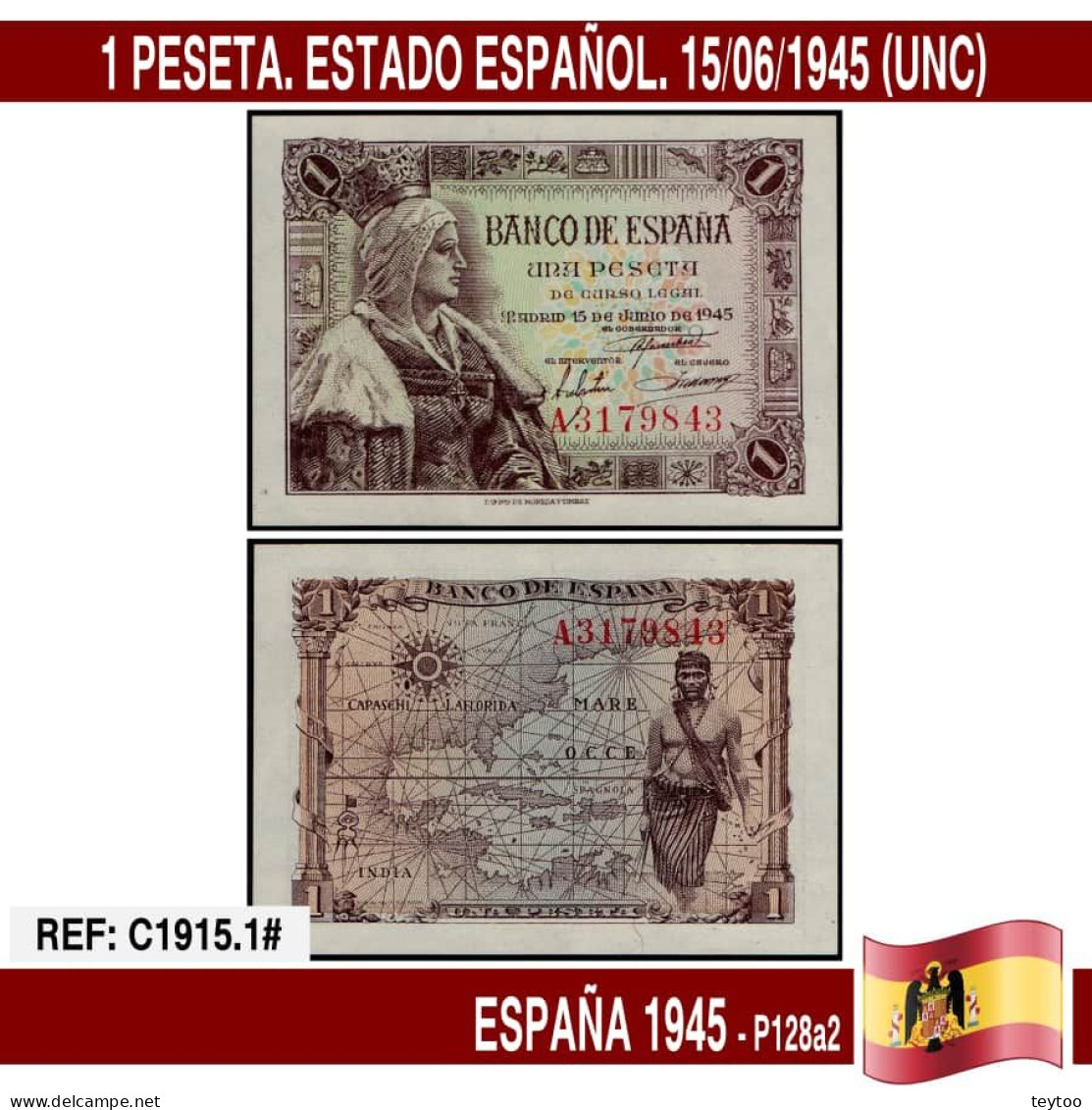 C1915.1# España 1945. 1 Pts. Estado Español (UNC) P-128a2 - 1-2 Pesetas