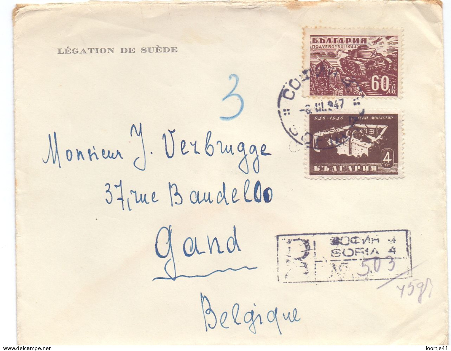 Omslag Enveloppe - Bulgaria Bulgarie - Sofia Légation De Suède à Gand Gent - 1947 - Enveloppes