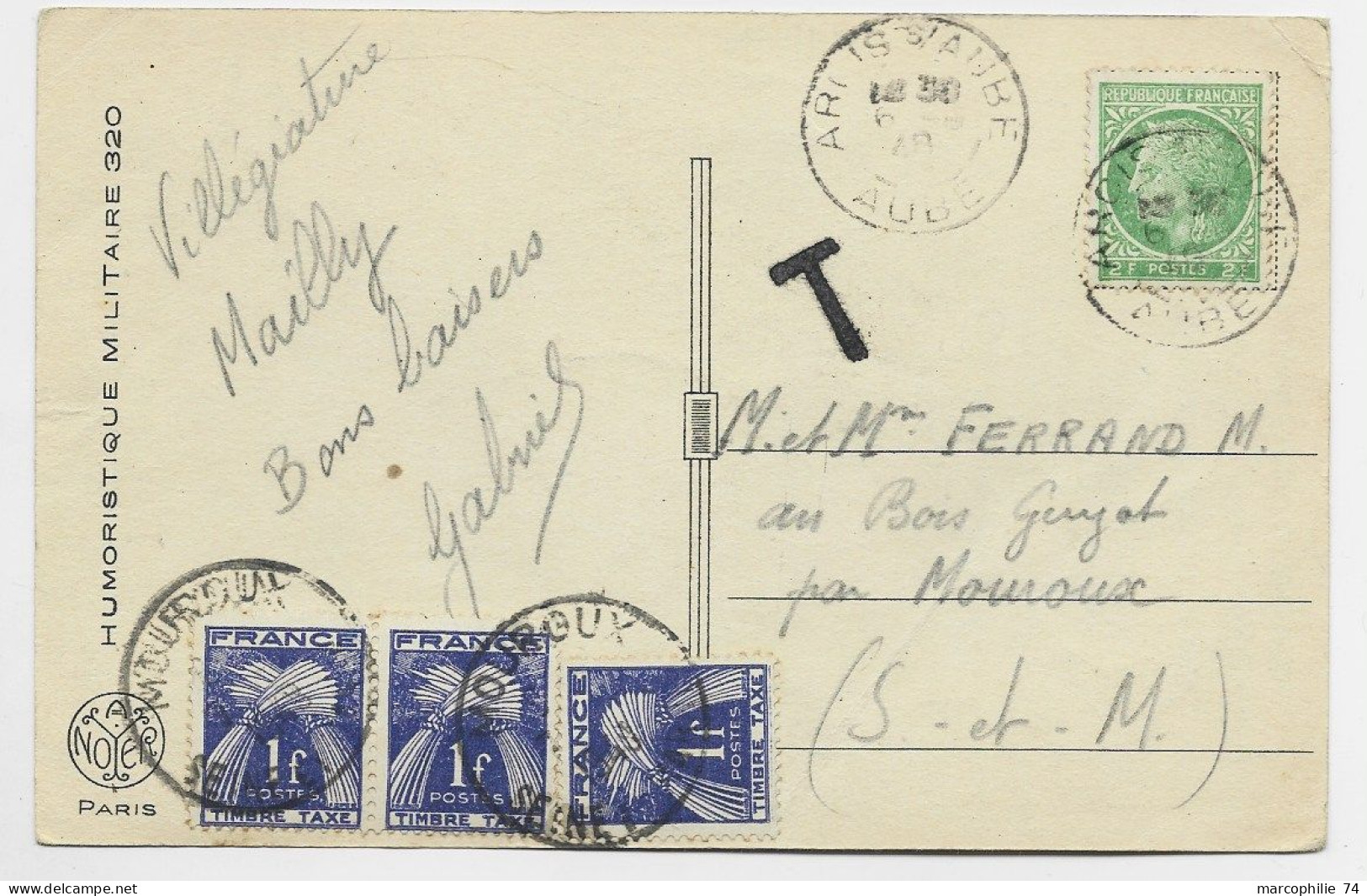 FRANCE MAZELIN 2FR SEUL CARTE 5 MOTS ARCIS S AUBE 1948 POUR MOUROUX SEINE ET MARNE TAXE 1FRX3 - 1945-47 Ceres De Mazelin