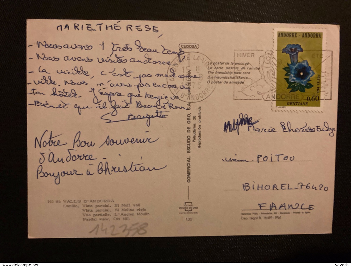 CP Pour La FRANCE TP GENTIANE 0,60 OBL.MEC.18-8 1975 ANDORRE LA VIEILLE - Cartas & Documentos