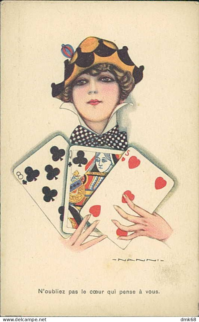 NANNI SIGNED 1910s POSTCARD - WOMAN & CARDS - N'OUBLIEZ PAS LE COEUR QUI PENSE A VOUS - N. 337/5  (4977) - Nanni