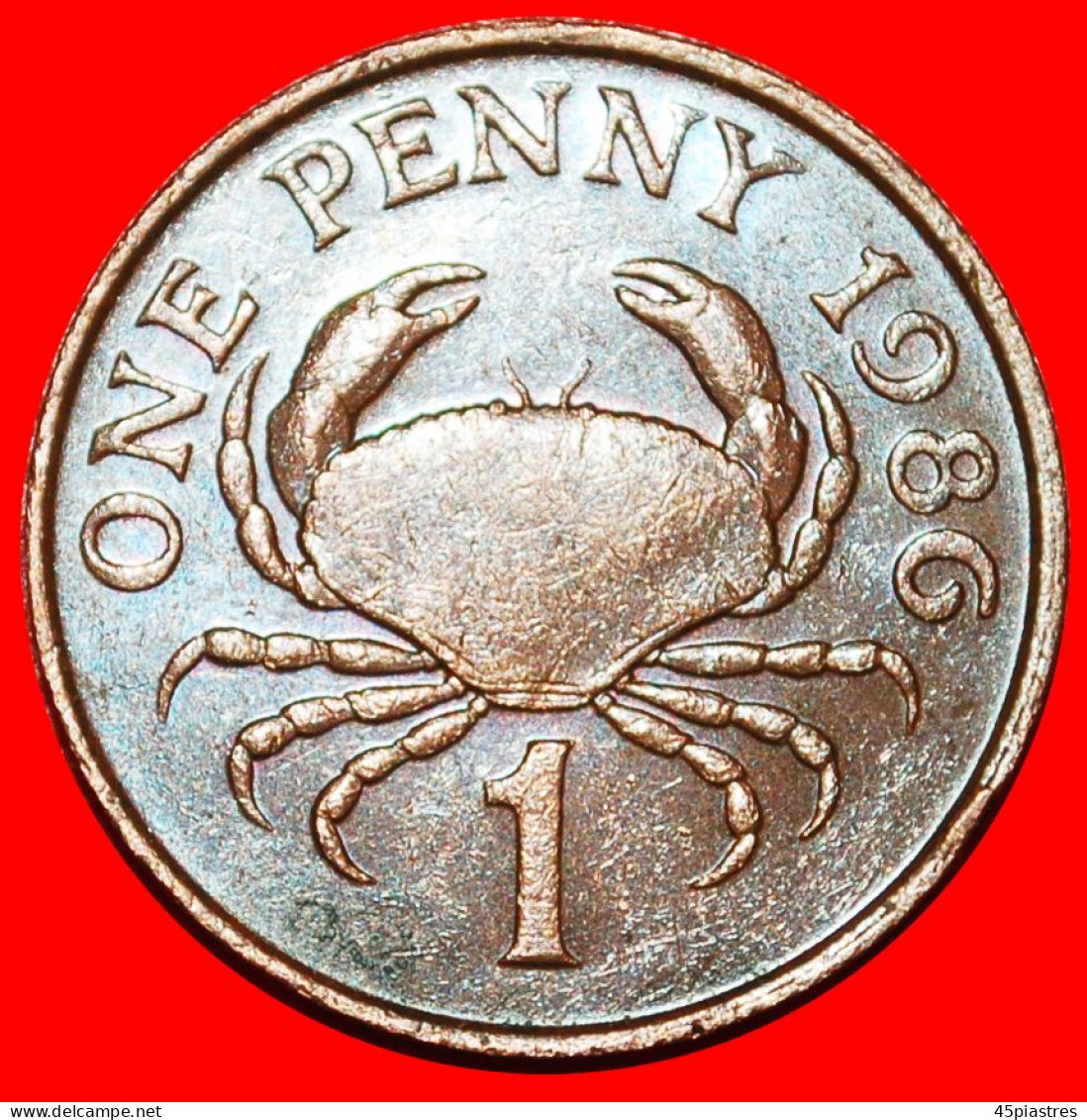 * GREAT BRITAIN (1985-1990): GUERNSEY  1 PENNY 1986 CRAB FAO! ELIZABETH II (1953-2022)  · LOW START · NO RESERVE! - Guernsey