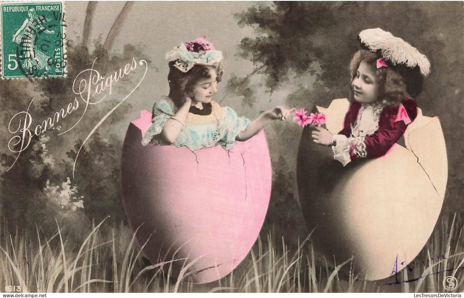 FÊTES - VŒUX - Bonnes Pâques - Petites Filles Dans Des œufs Géants - Colorisé - Carte Postale Ancienne - Easter