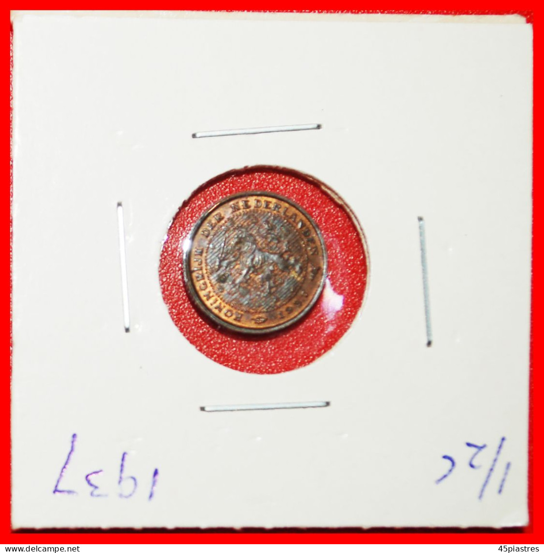 * RAMPANT LION (1909-1940): NETHERLANDS  1/2 CENT 1937 UNC! WILHELMINA (1890-1948)! IN HOLDER!· LOW START · NO RESERVE! - 0.5 Centavos