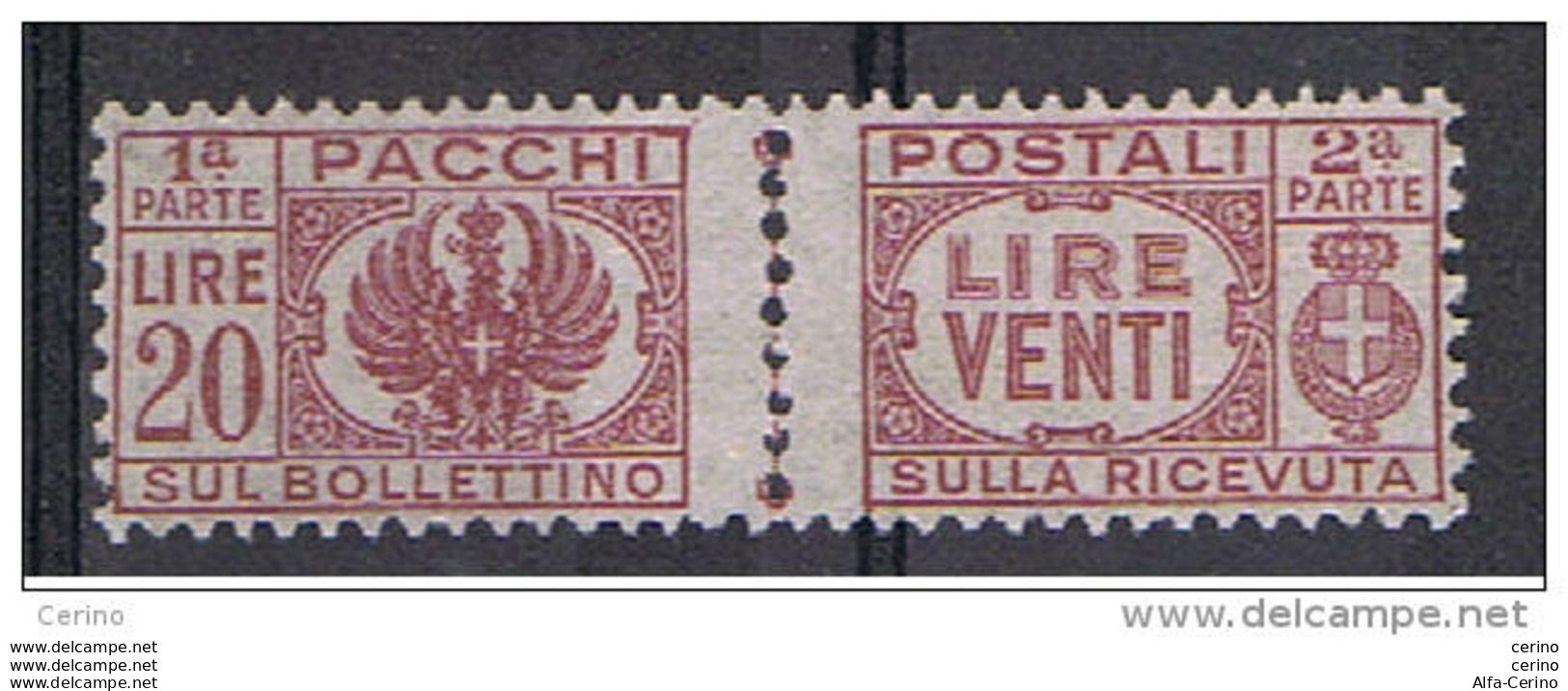 LUOGOTENENZA: 1946  P.P. SENZA  FASCIO  -  £. 20  LILLA  BRUNO  N. -  CENTRATURA  INCONSUETA  -  SASS. 65 - Pacchi Postali