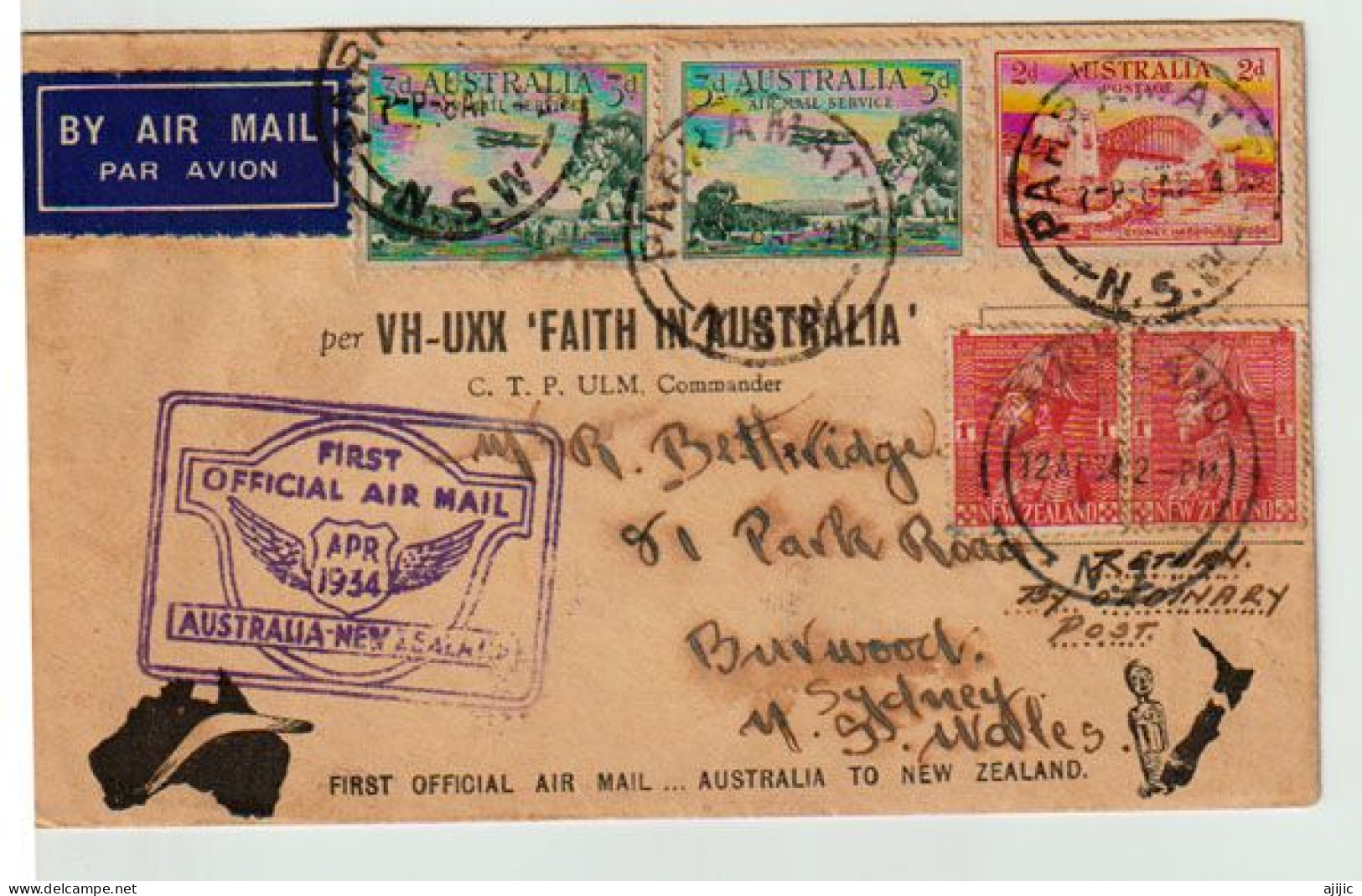 Avro X VH-UXX "Faith In Australia". First Flight Auckland To Parramatta. 12 Th April 1934. RARE-SCARCE - First Flight Covers