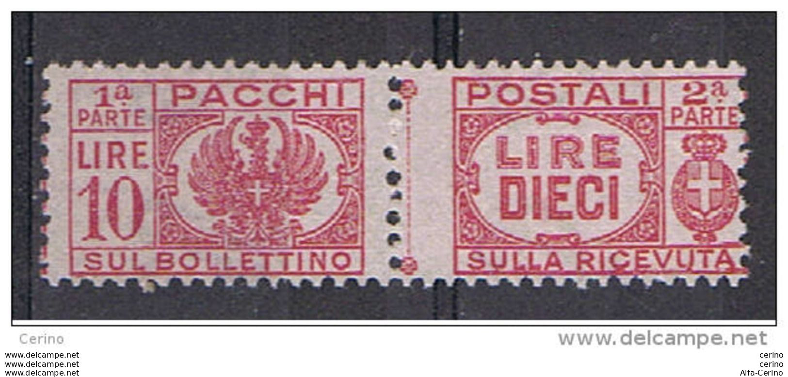 LUOGOTENENZA: 1946  P.P. SENZA  FASCIO  -  £. 10  LILLA  ROSA  N. -  SASS. 64 - Colis-postaux