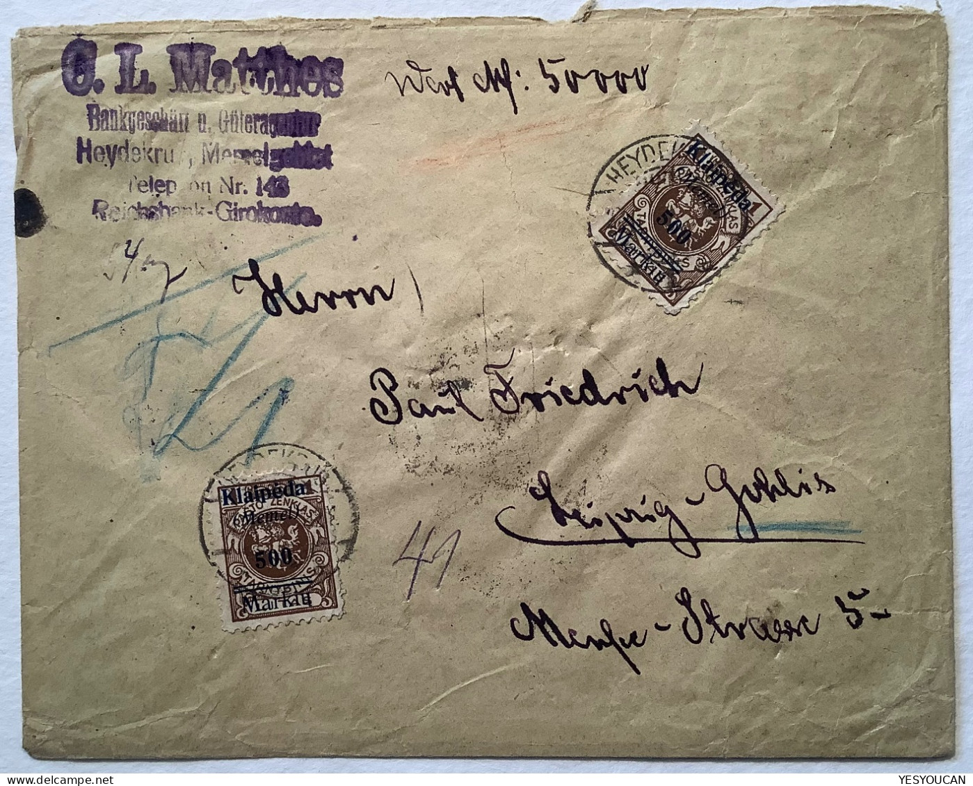 Memel 1923 Mi134 MEF Wertbrief Heydekrug (BPP Klaipeda Litauen Brief Memelgebiet Lithuania Cover Lituanie Lietuva Lettre - Memelgebiet 1923