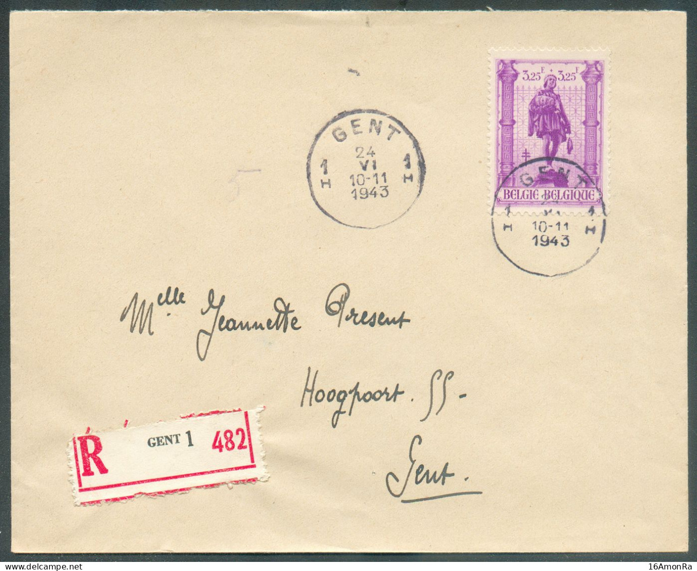 N°620 - Affr.  METIERS à 3Fr.25 Obl. Sc GENT 24-VI-43 Sur Lettre Recommandée Vers Gand -  21703 - Lettres & Documents