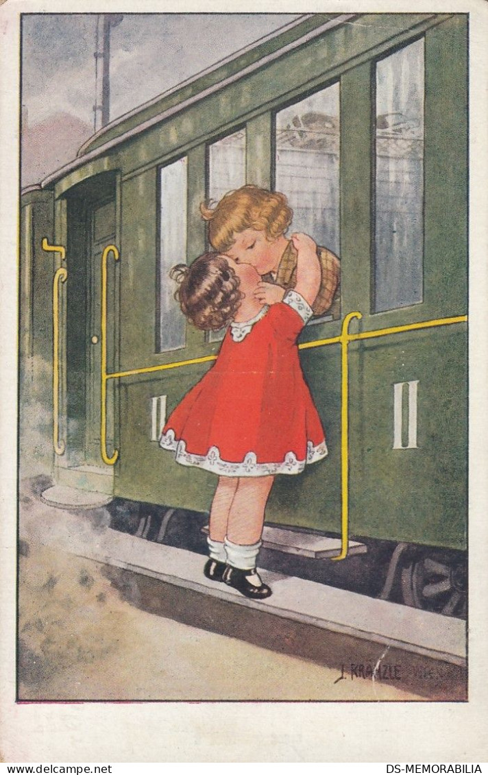 Josef Kranzle - Children Kissing At Train Station - Kraenzle