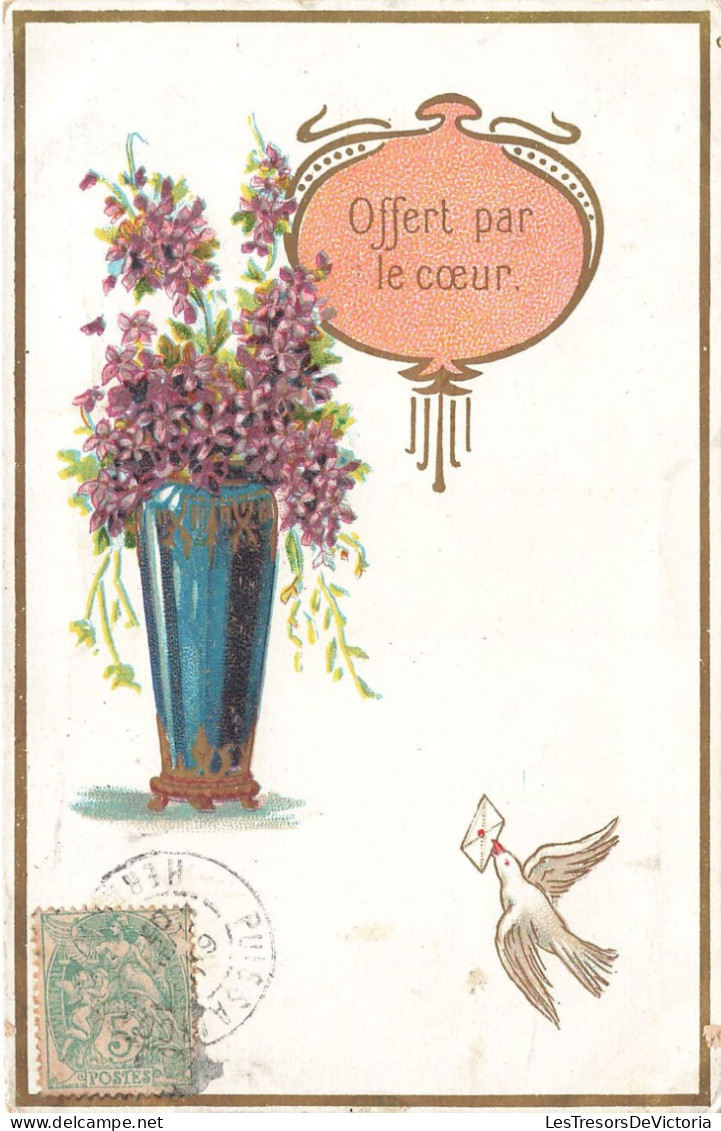 FÊTES - VŒUX - Offert Par Le Cœur - Vase Et Fleurs - Colombe Portant Une Lettre - Colorisé - Carte Postale Ancienne - Andere & Zonder Classificatie