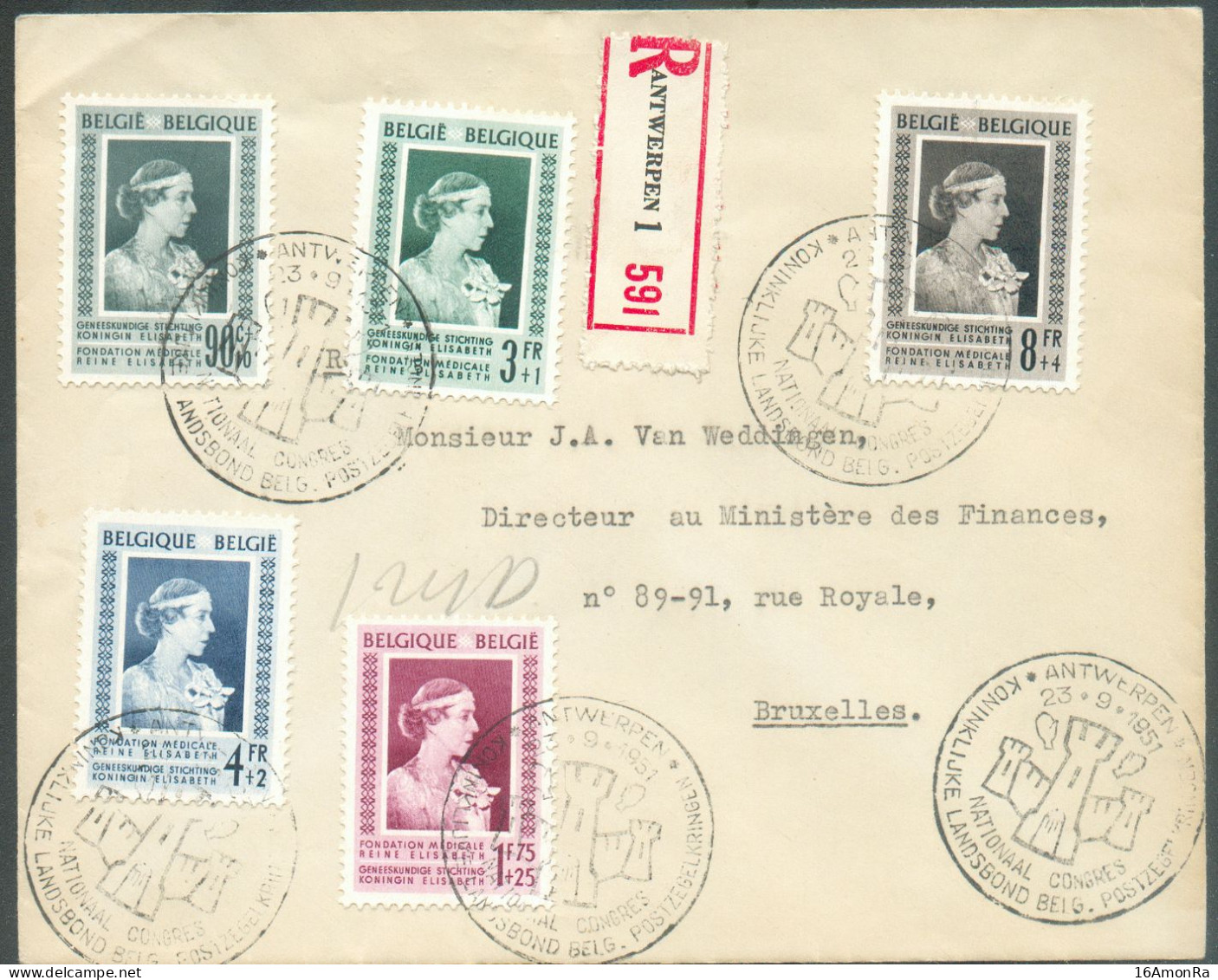 N°863/867 - Série REINE ELISABETH FONDATION MEDICALE Obl. Sc ANTWERPEN 1 Sur Lettre Recommandée Du 23-9-1951 Vers Bruxel - Covers & Documents