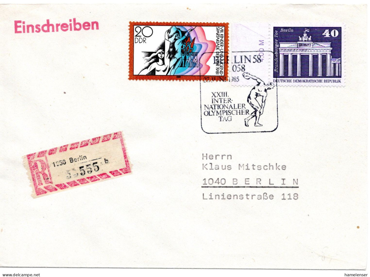 60549 - DDR - 1985 - 40Pfg Gr.Bauten MiF A OrtsR-Bf SoStpl BERLIN - XXIII INTERNATIONALER OLYMPISCHER TAG - Autres & Non Classés