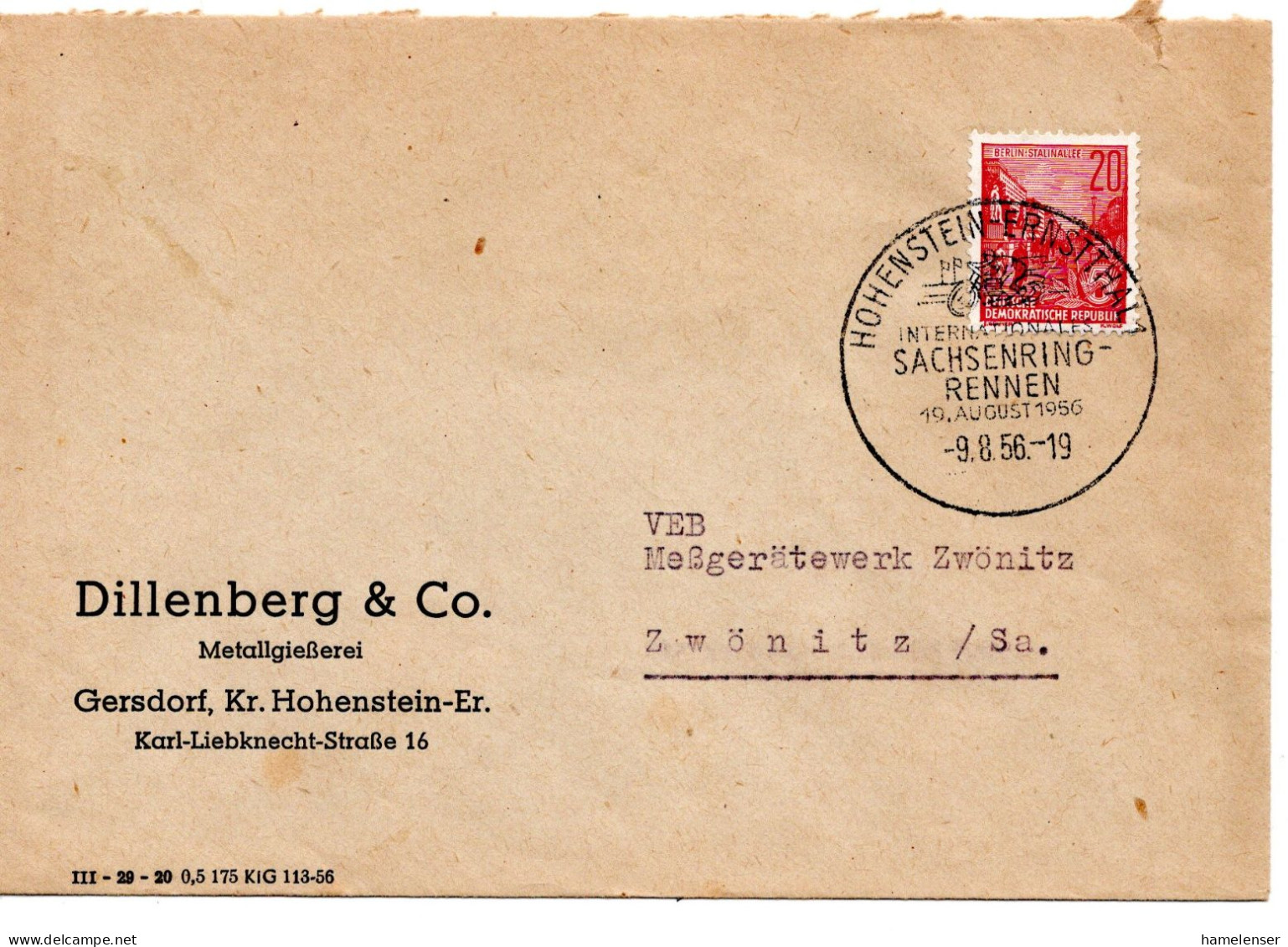 60555 - DDR - 1956 - 20Pfg Fuenfjahrplan EF A Bf HwStpl HOHENSTEIN-ERNSTTHAL - ... SACHSENRING-RENNEN ... -> Zwoenitz - Moto