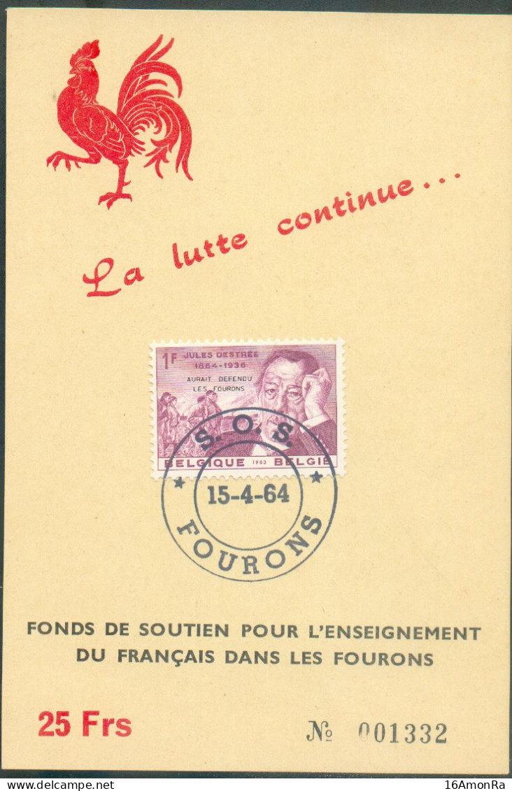 Tp N°1269(J DESTREE) Surchargé  AURAIT DEFENDU LES FOURONS Sur Carte (Coq Wallon) Obl. Dc S.O.S. FOURONS Du 15-4-1964 - - Privat- Und Lokalpost [PR & LO]