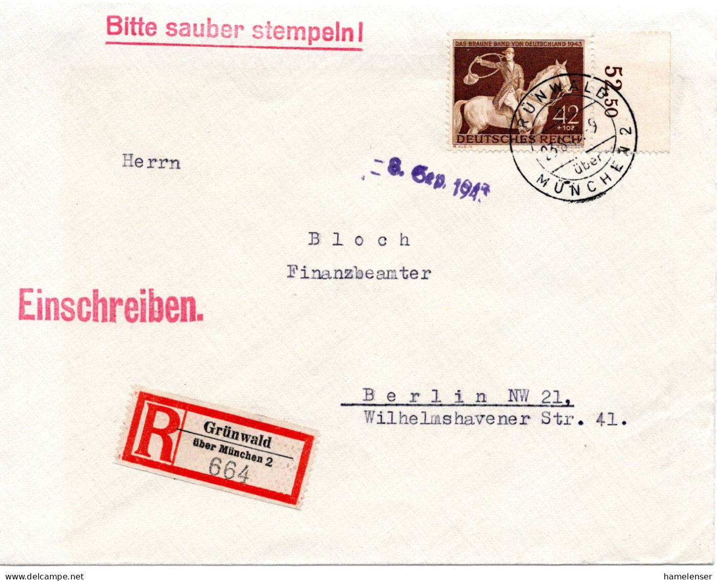 60562 - Deutsches Reich - 1943 - 42Pfg Braunes Band '43 EF A R-Bf GRUENWALD -> BERLIN - Horses