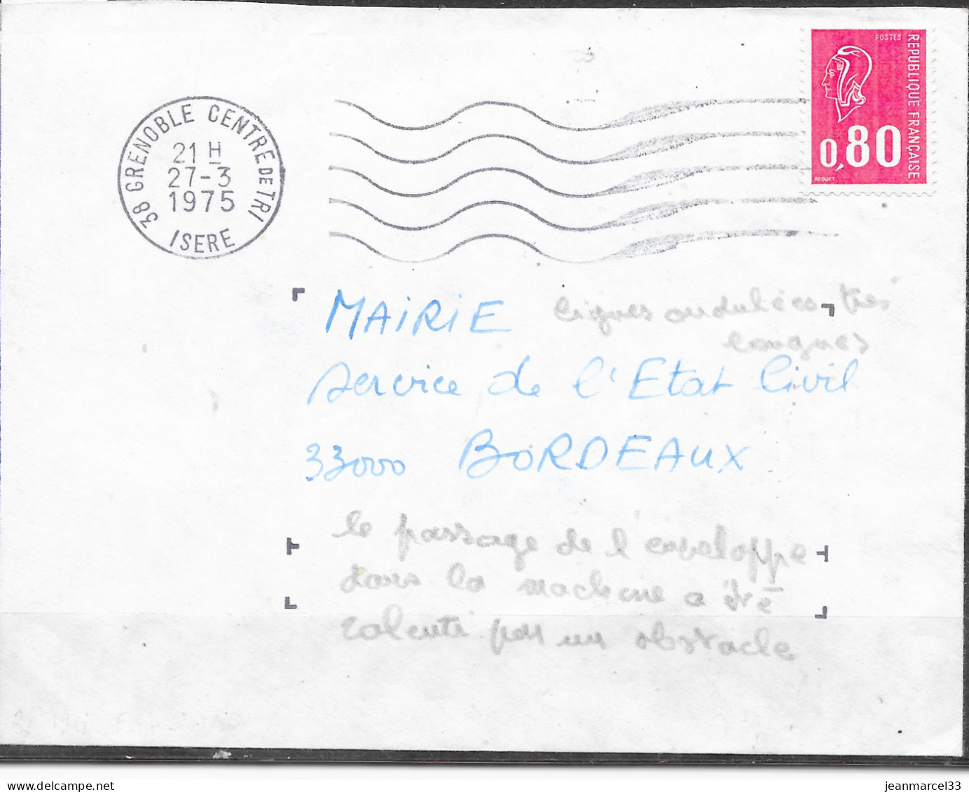 Accident Postal Flamme De 38 Grenoble Centre De Tri 27-3 1975 Lignes Ondulées Très Longues - Lettres & Documents