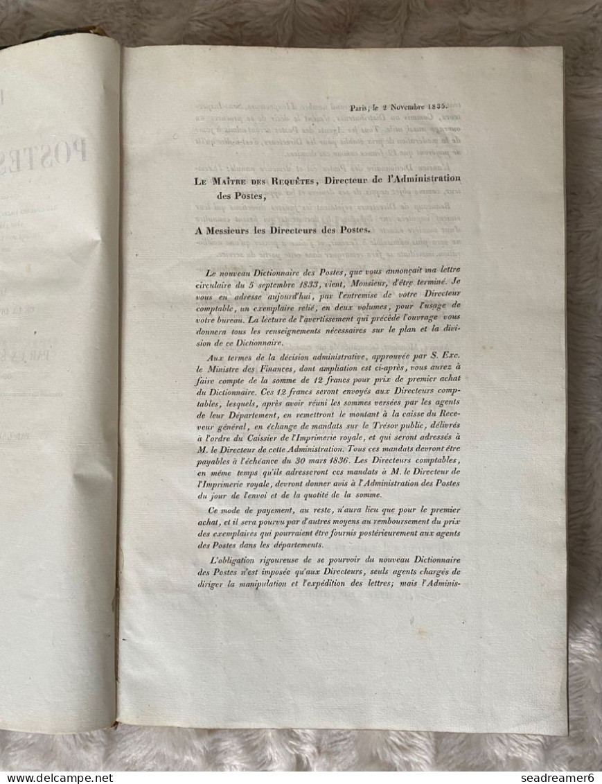 LIVRE ANCIEN CUIR RELIÉ 1835 Dictionnaire Des POSTES AUX LETTRES Tome 1er - 860 Pages ! RARE - Postadministraties