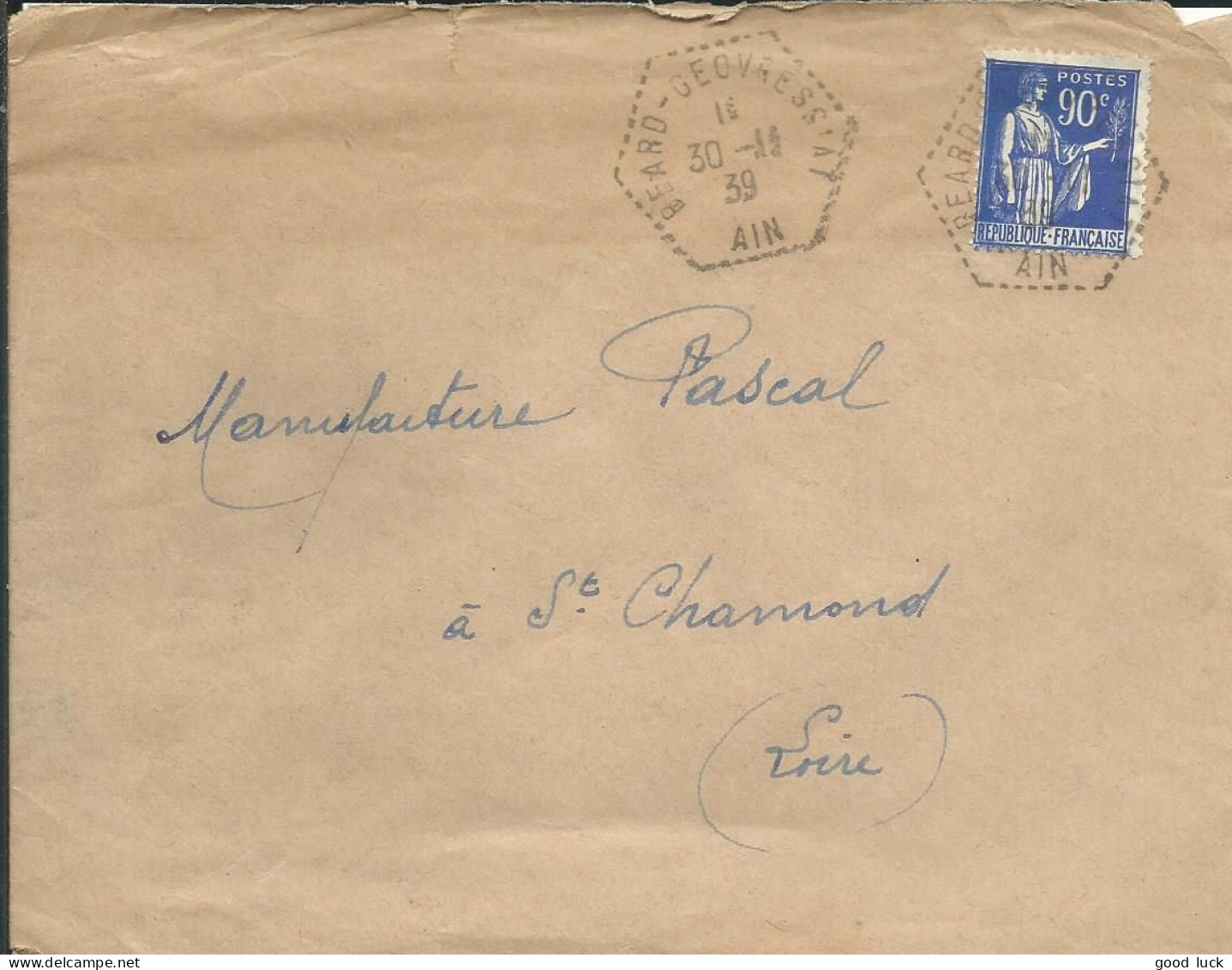 FRANCE LETTRE 90c BEARD-GEOVREISSIAT ( AIN ) POUR ST CHAMOND ( LOIRE ) DE 1939   LETTRE COVER - 1939-44 Iris