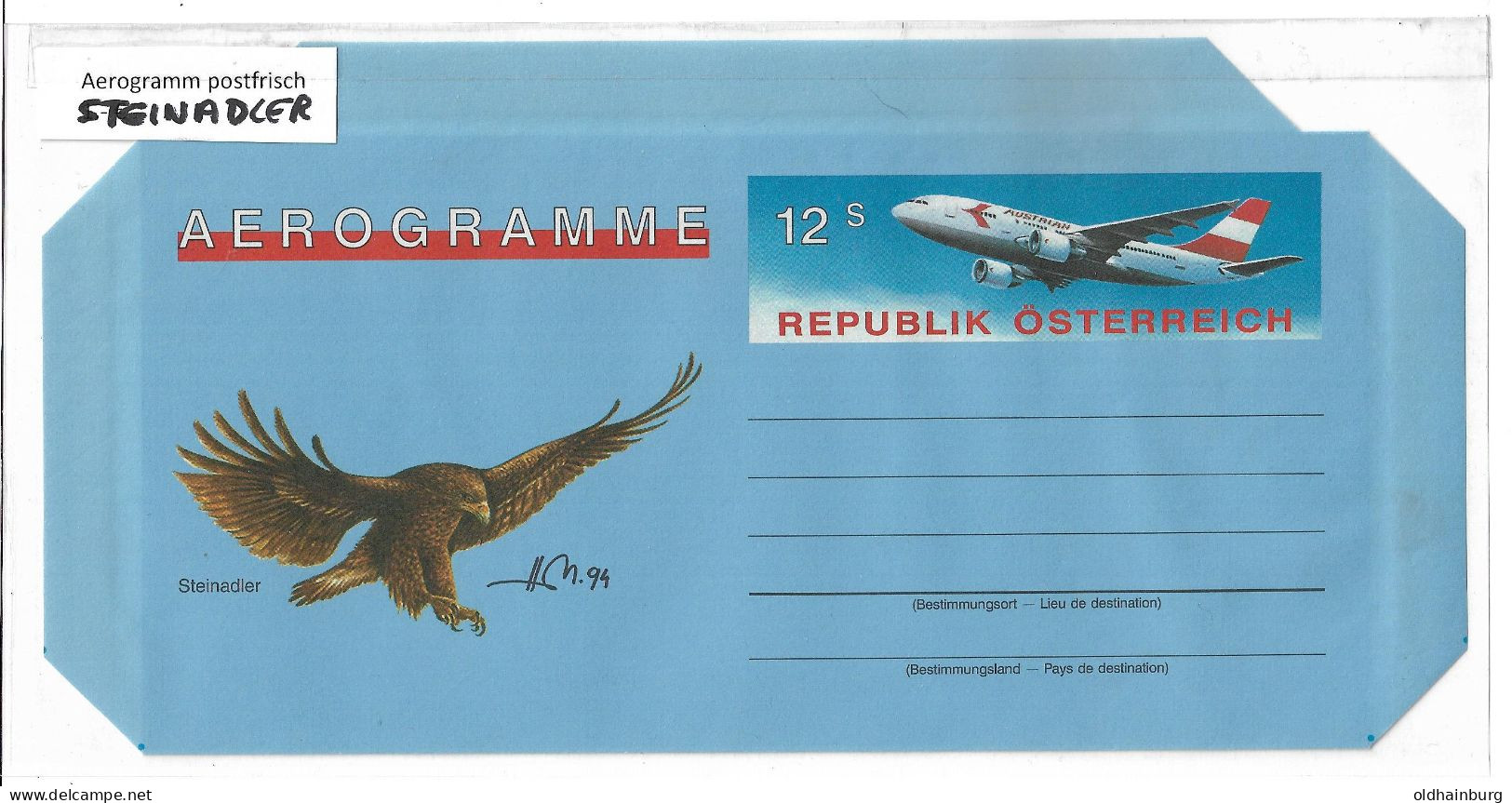 2372m: Österreich 1994, Steinadler- Sowie Aua- Flugzeugmotiv Auf Ungebrauchtem Aerogramm - Aigles & Rapaces Diurnes