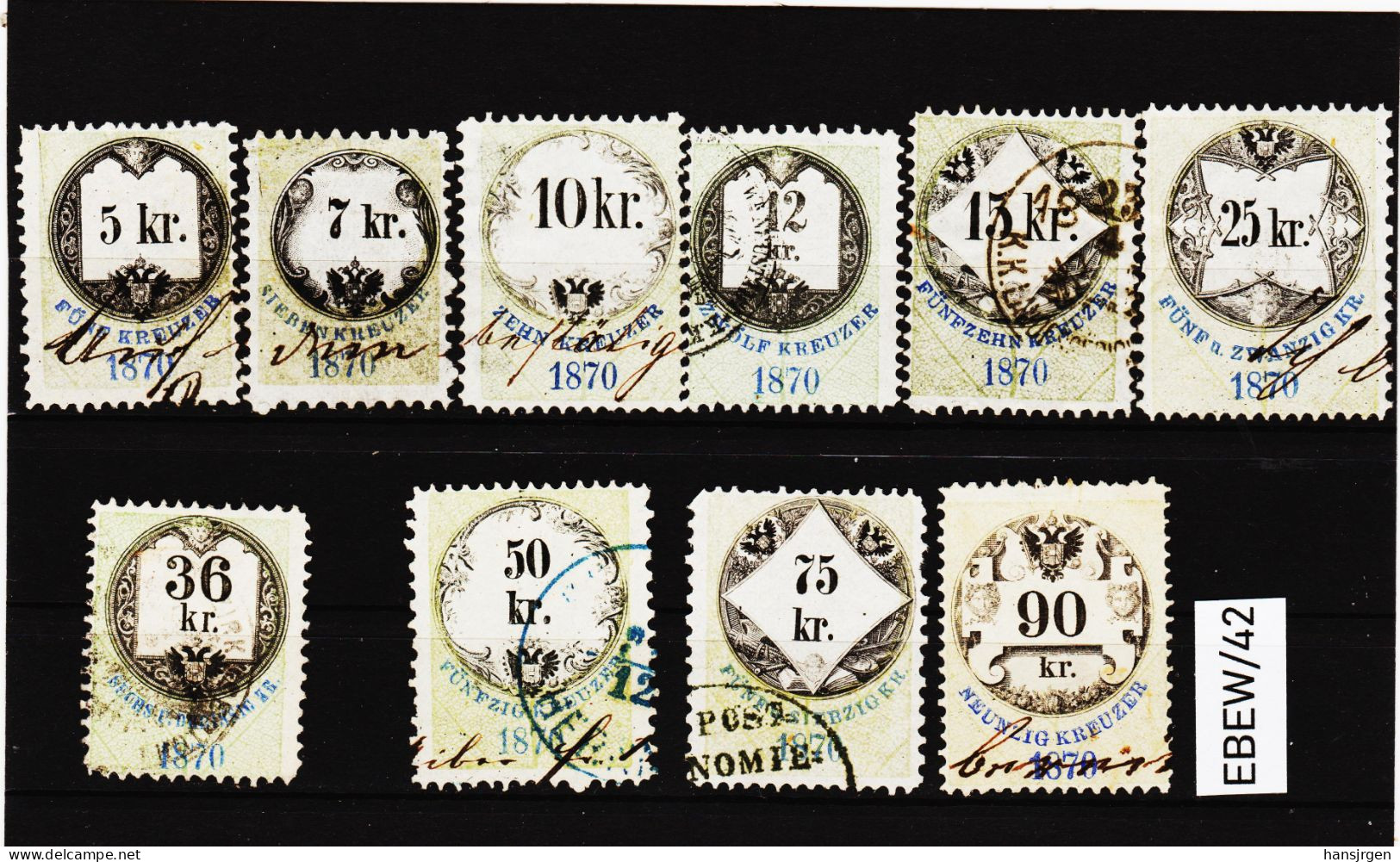 EBEW/42 STEMPELMARKEN STEUERMARKEN 1866 ÖSTERREICH 5-7-10-12-15-25-36-50-75-90 Kreuzer MIT UMSCHRIFT ENTWERTET - Revenue Stamps