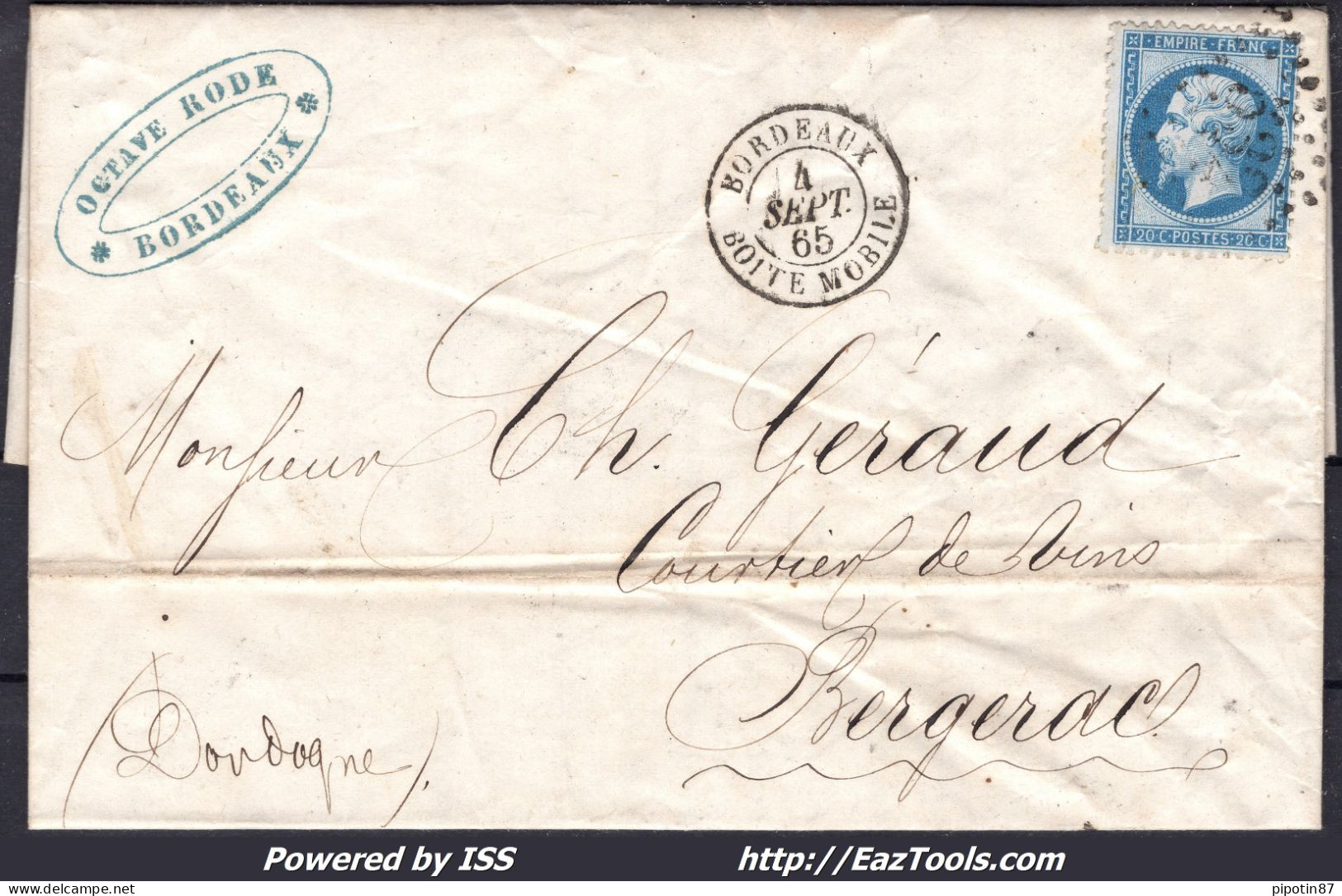 FRANCE N° 22 SUR LETTRE GC 532 BORDEAUX GIRONDE + CAD BOITE MOBILE DU 04/09/1865 - 1862 Napoléon III.