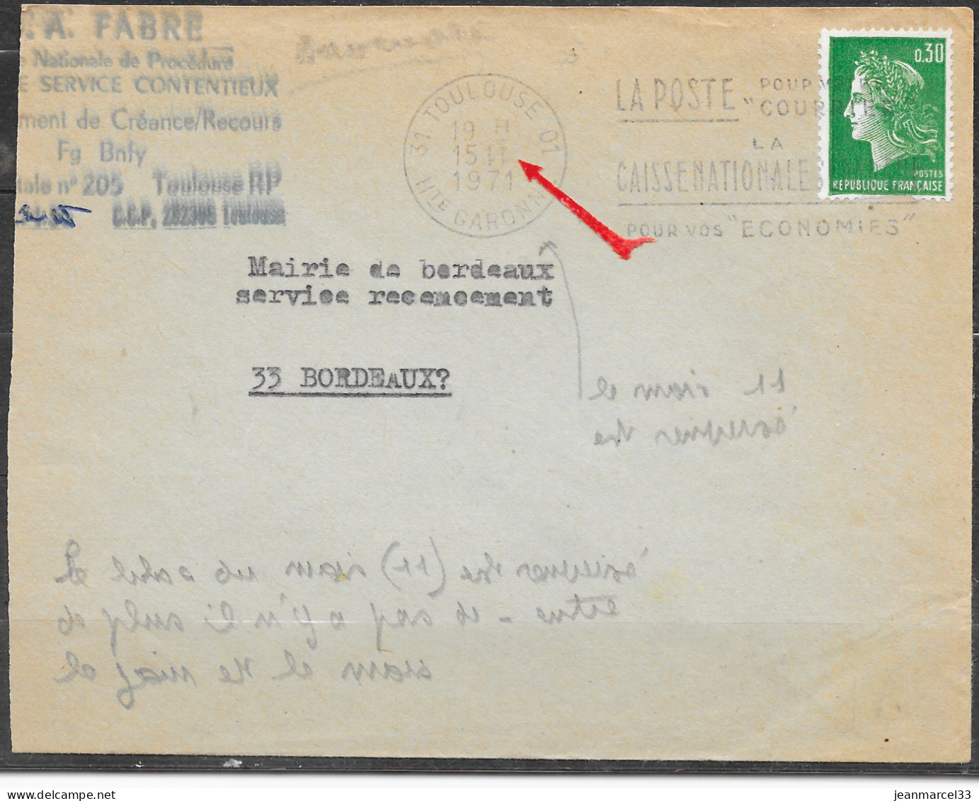 Curiosité Flamme O= De 31 Toulouse 01 Du 15-11 1971 Le Chiffre Du Mois Est Renversé - Storia Postale