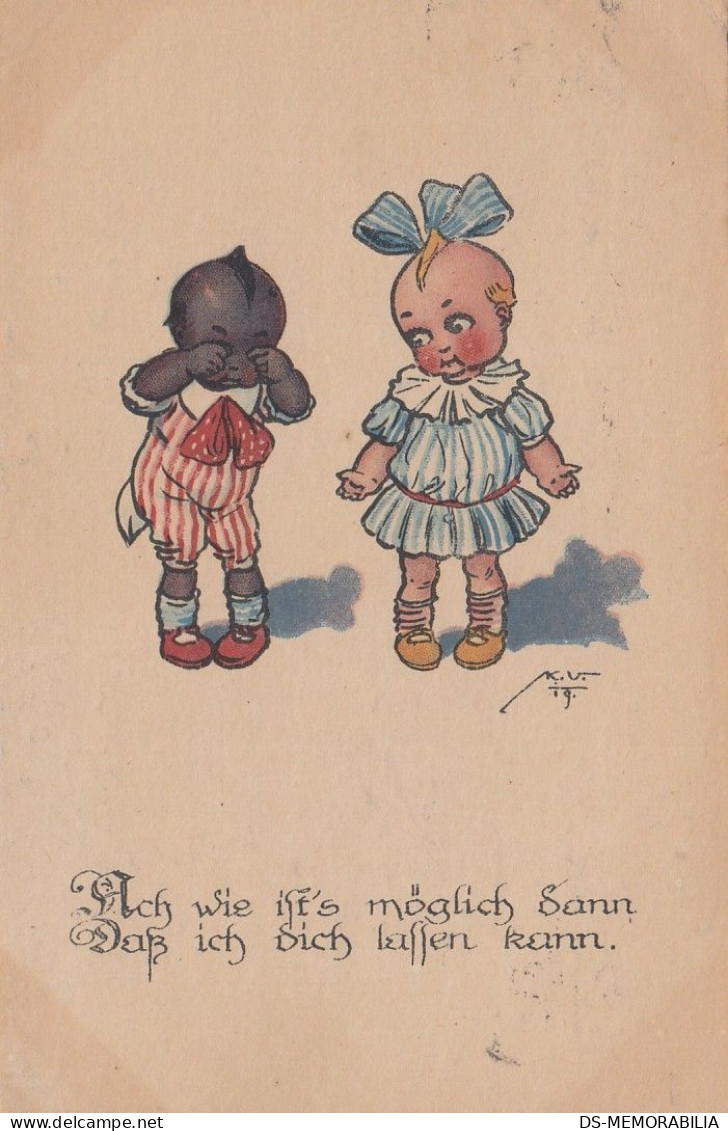 Black Boy & White Kewpie Girl Old Postcard 1920 - Amérique