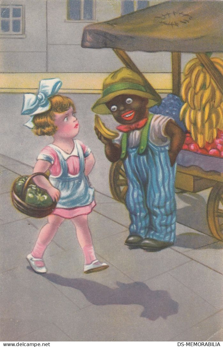 Black Boy Banana Vendor & White Girl W Basket Old Postcard 1928 Ed Amag - America