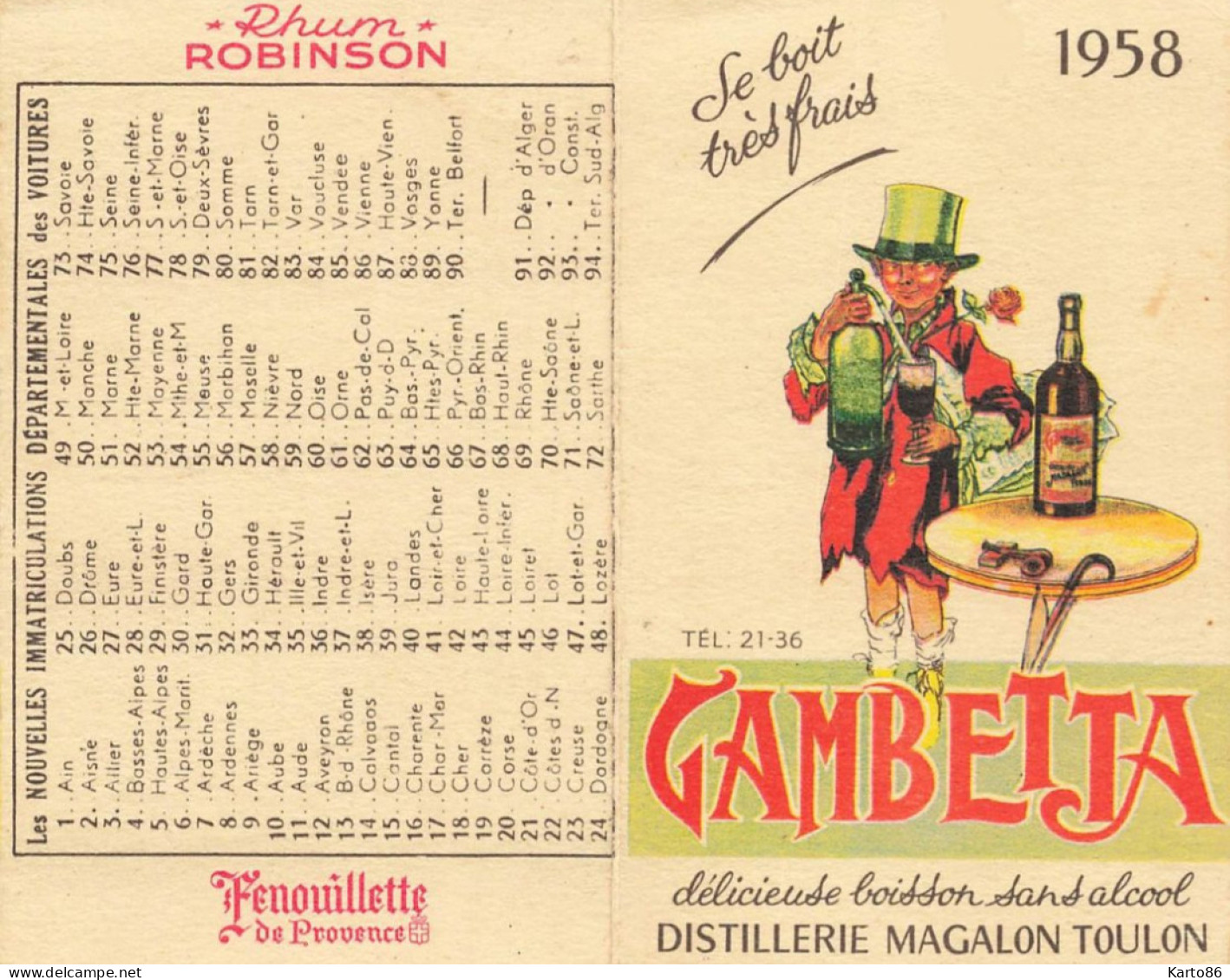 Petit Calendrier Ancien 1958 Publicitaire " Distillerie MAGALON à Toulo - Boisson GA MBETTA " Rhum* Illustrateur - Small : 1941-60
