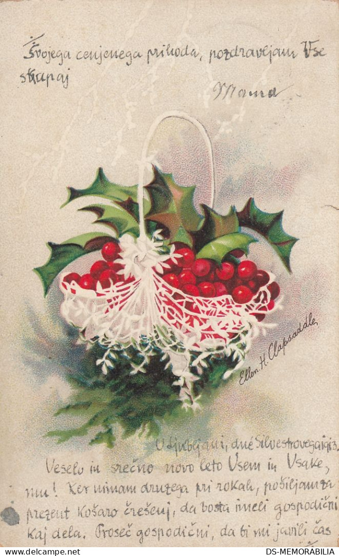 Ellen Clapsaddle - Mistletoe Basket Old Postcard 1913 - Clapsaddle