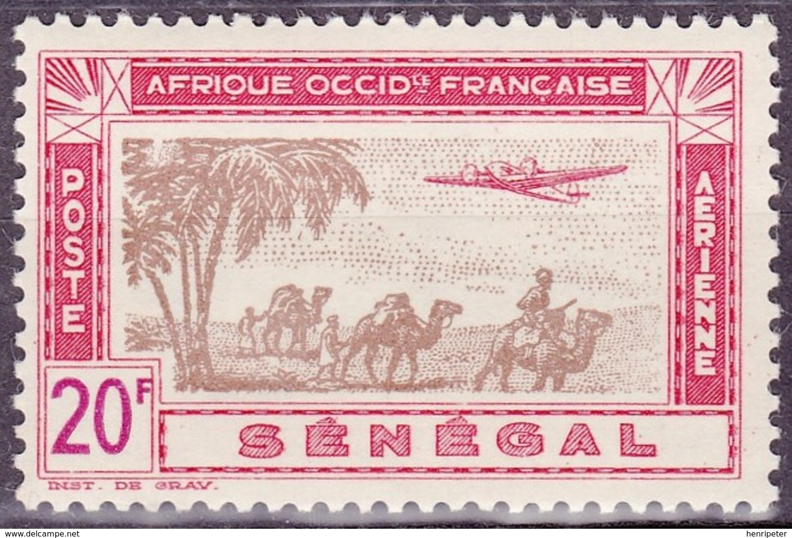 Timbre Aérien Gommé Neuf** - Avion Survolant Une Caravane Plane Flying Over A Landscape - N°28 (Yvert) - Sénégal 1942 - Aéreo