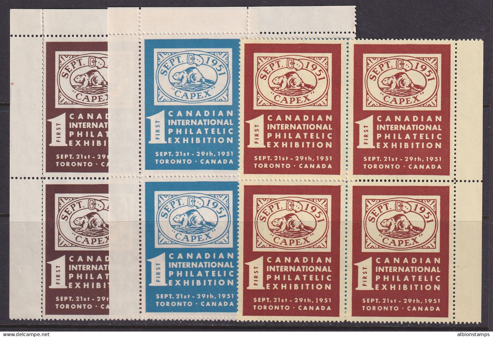 Canada 1951 CAPEX Exhibition Labels, MNH Blocks Of Four (3 Different Colors) - Local, Strike, Seals & Cinderellas