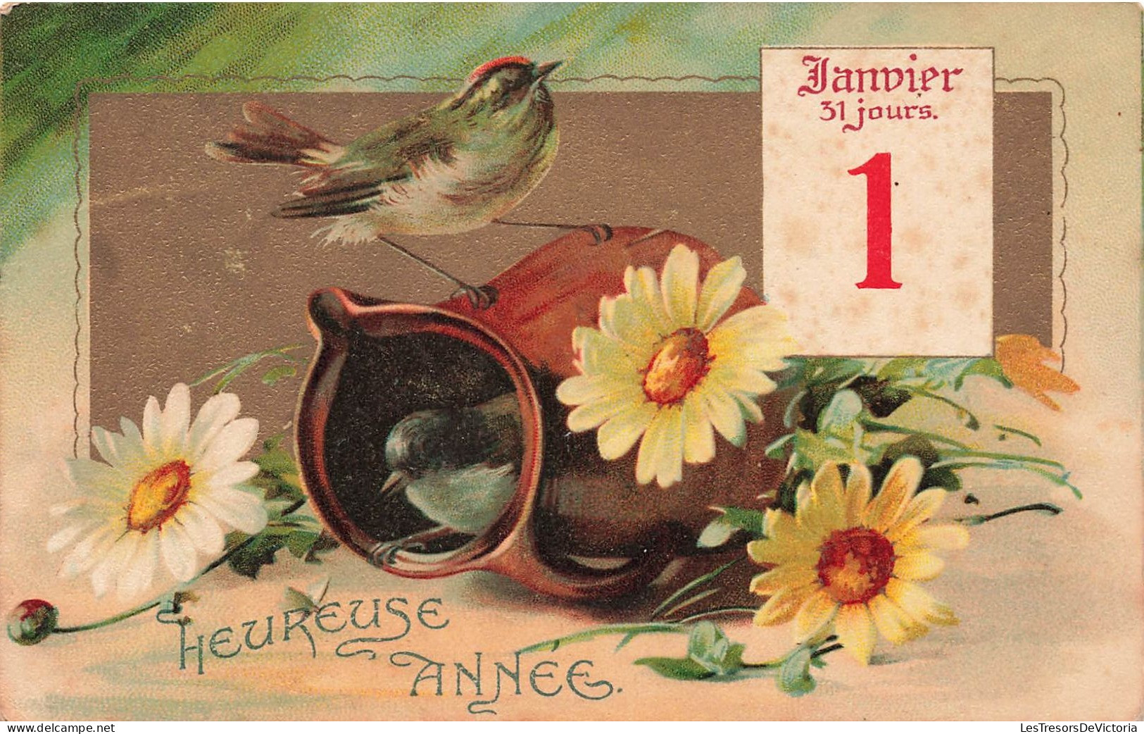 FÊTES ET VOEUX - Nouvel An - Des Oiseaux Sur Un Vase Renversé Avec Des Tournesols - Colorisé - Carte Postale Ancienne - Nouvel An