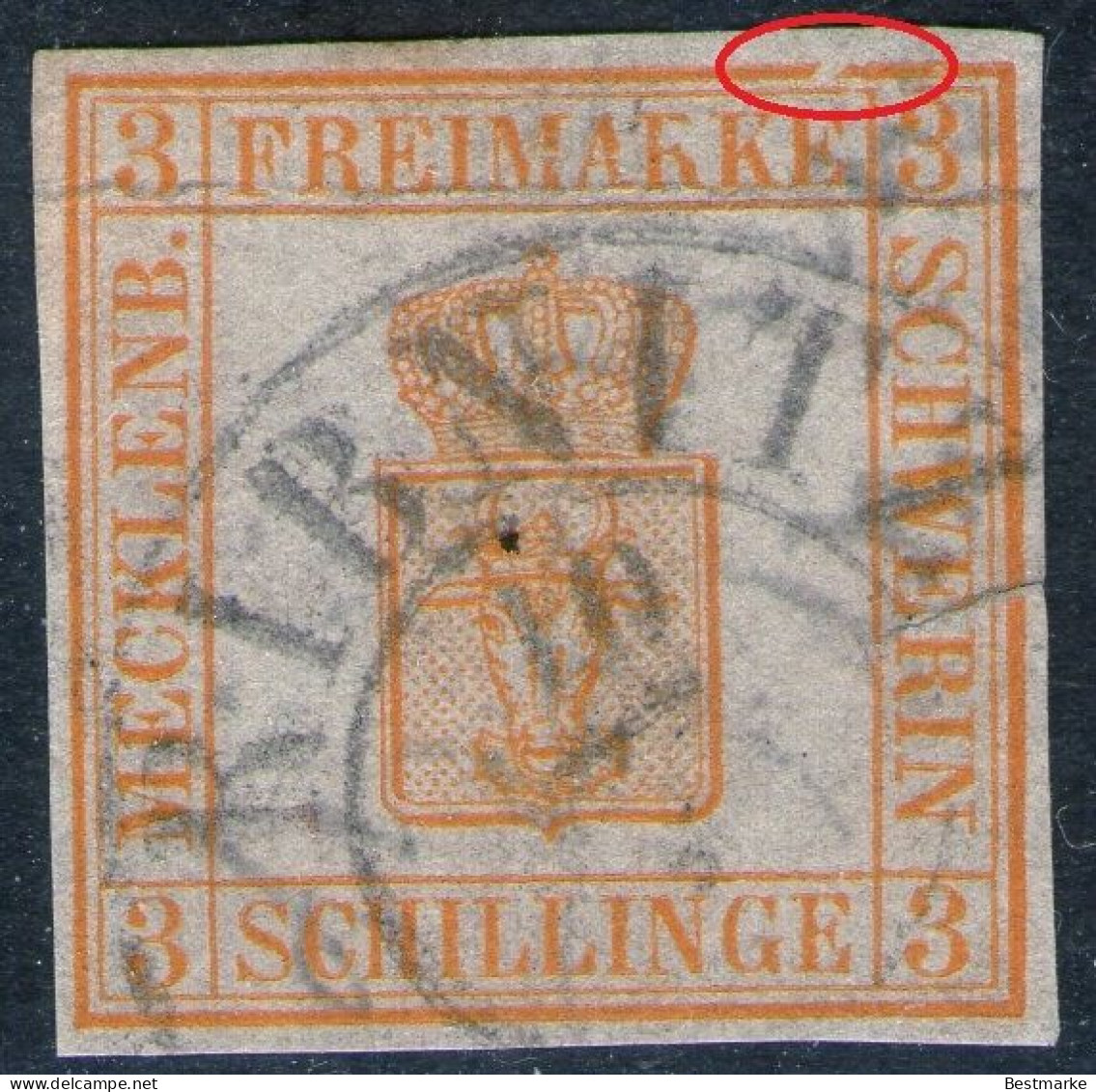 RIBNITZ Auf 3 Shilling Gelblichorange - Schwerin Nr. 2 B Mit DZ/Abart - Mecklenburg-Schwerin