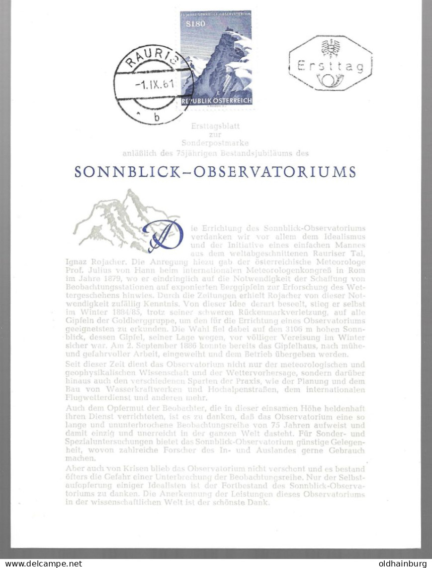 2375c: Österreich- ETB Aus 1961: Sonnblick- Observatorium, Stempel Rauris - Climat & Météorologie