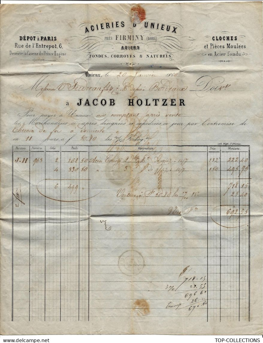 ENTETE 1860 ACIERIES D’UNIEUX Près Firminy Loire Sign. JACOB HOLTZER V.SCANS + HISTORIQUE - 1800 – 1899