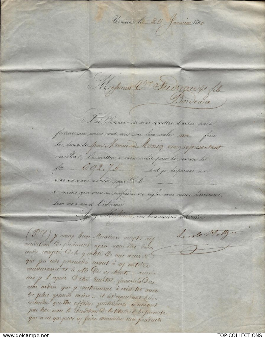 ENTETE 1860 ACIERIES D’UNIEUX Près Firminy Loire Sign. JACOB HOLTZER V.SCANS + HISTORIQUE - 1800 – 1899