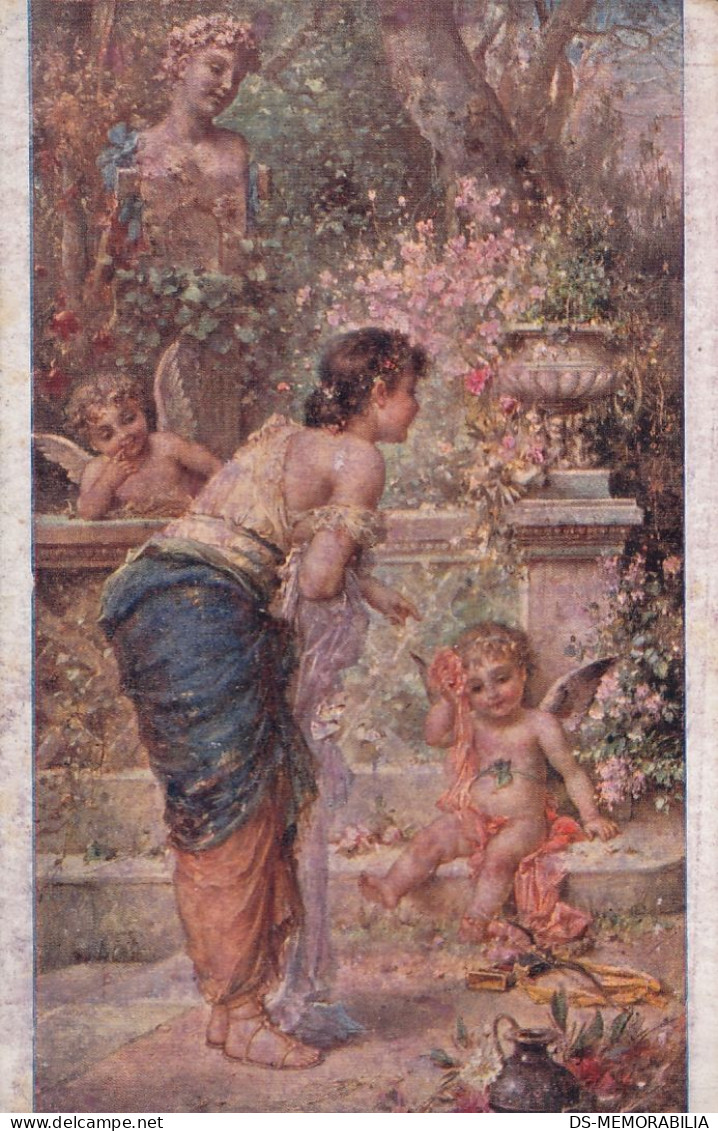 Hans Zatzka - Lady & Cupids In Garden Old Postcard - Zatzka