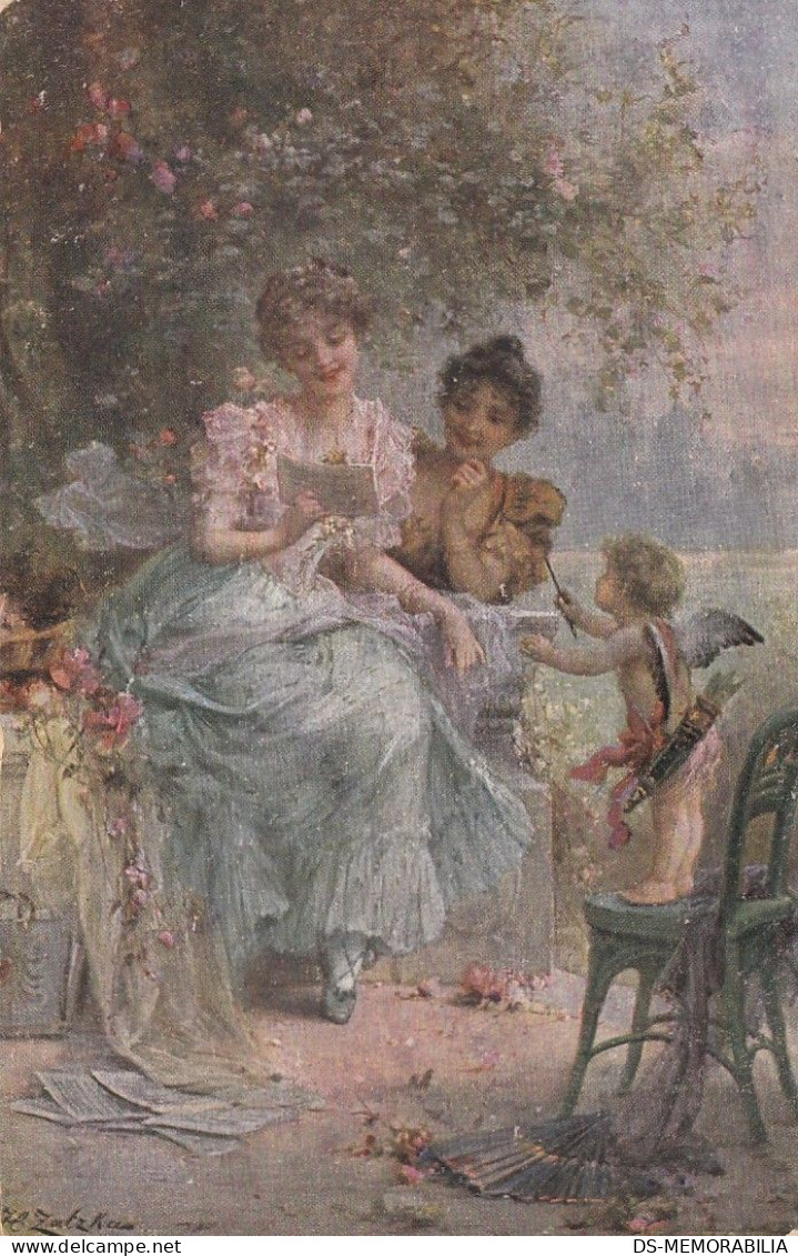 Hans Zatzka - Ladies & Cupid In Garden Old Postcard - Zatzka