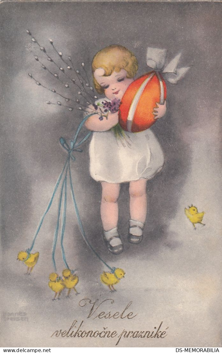 Hannes Petersen - Girl W Easter Egg & Chicks Old Postcard 1930 - Petersen, Hannes