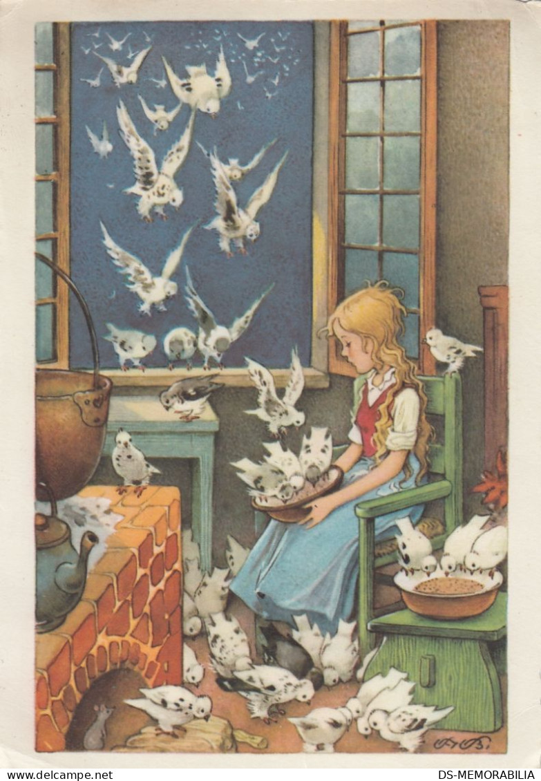 Fritz Baumgarten - Girl Feeding The Pigeons Old Postcard Cinderella ? - Baumgarten, F.